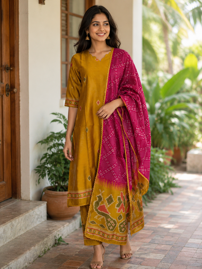 Elegant Yellow Jamdhani Silk Kurta Set With Duppata