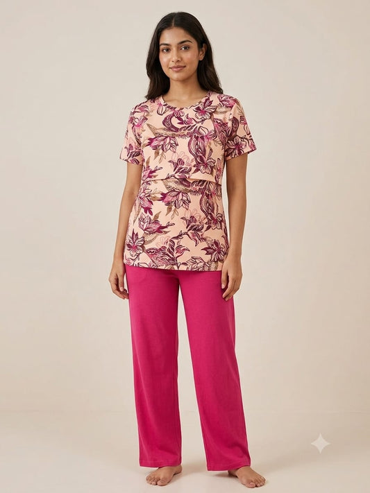Peach Floral Print Feeding T-Shirt with Hot Pink Palazzo
