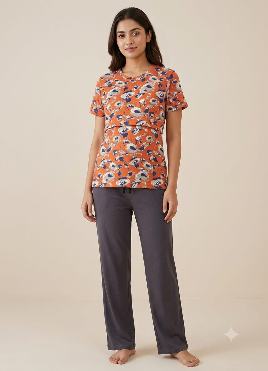 Orange Abstract Print Feeding T-Shirt with Grey Palazzo