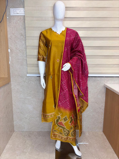 Elegant Yellow Jamdhani Silk Kurta Set With Duppata