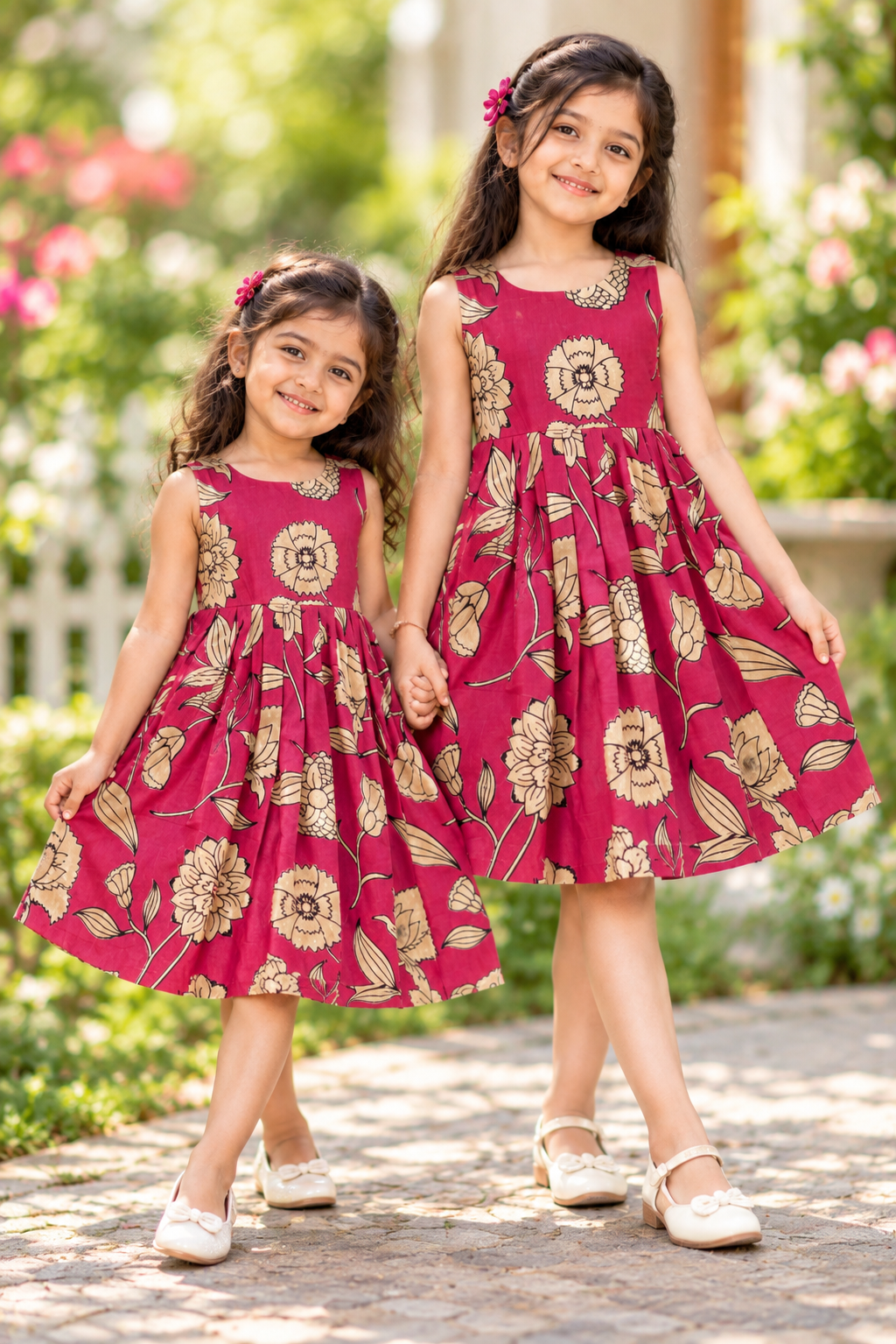 Rani Pink Floral Kalamkari Kids Outdoor Wear