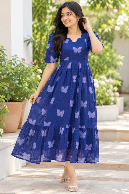 Indigo Butterfly Printed Hakoba Feeding Maxi