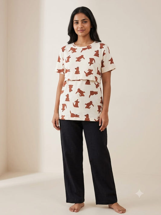 Rust Brown Puppy Print Feeding T-Shirt with Navy Palazzo