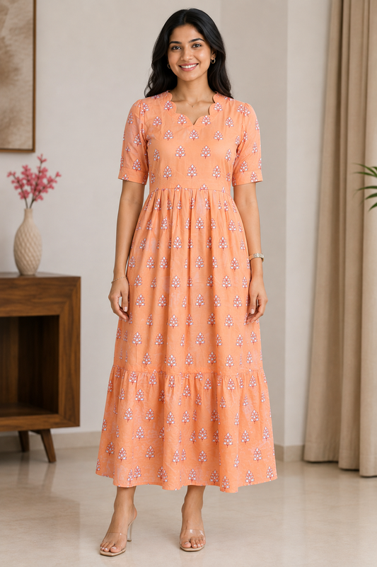 Peach Floral Printed Blended Cotton Non feeding Maxi