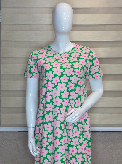 Retro Bloom Pink Floral In Grass Green Print Lounge Tunic