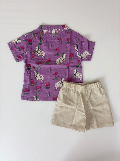 Lavender Traditional Cow Printed boys outdoor wear set