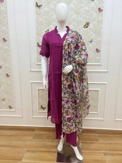 Wine Solid Chanderi Suit With Multicolored Printed Dupatta