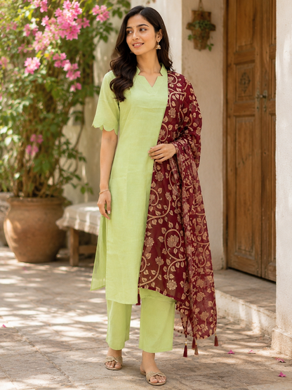 Lime Green Solid Chanderi Suit With Maroon Printed Dupatta