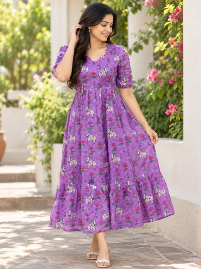 Purple Cow and Lotus Print Hakoba Feeding Maxi