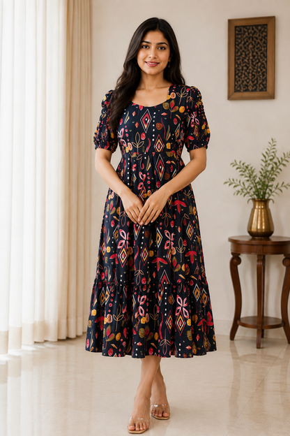 Black Geometric Printed Blended Cotton Non Feeding Maxi