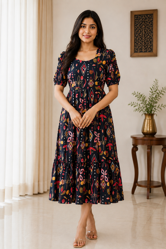Black Geometric Printed Blended Cotton Non Feeding Maxi