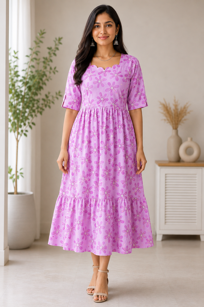 Lavender Pinkie Floral Blended Cotton Non Feeding Maxi