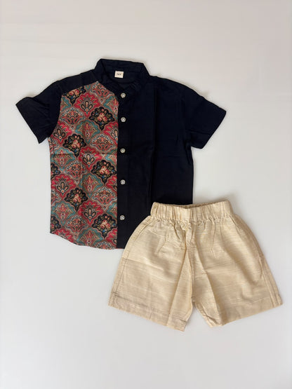 Black Paisley Printed Kids Ethnic Shirt and Shorts Set