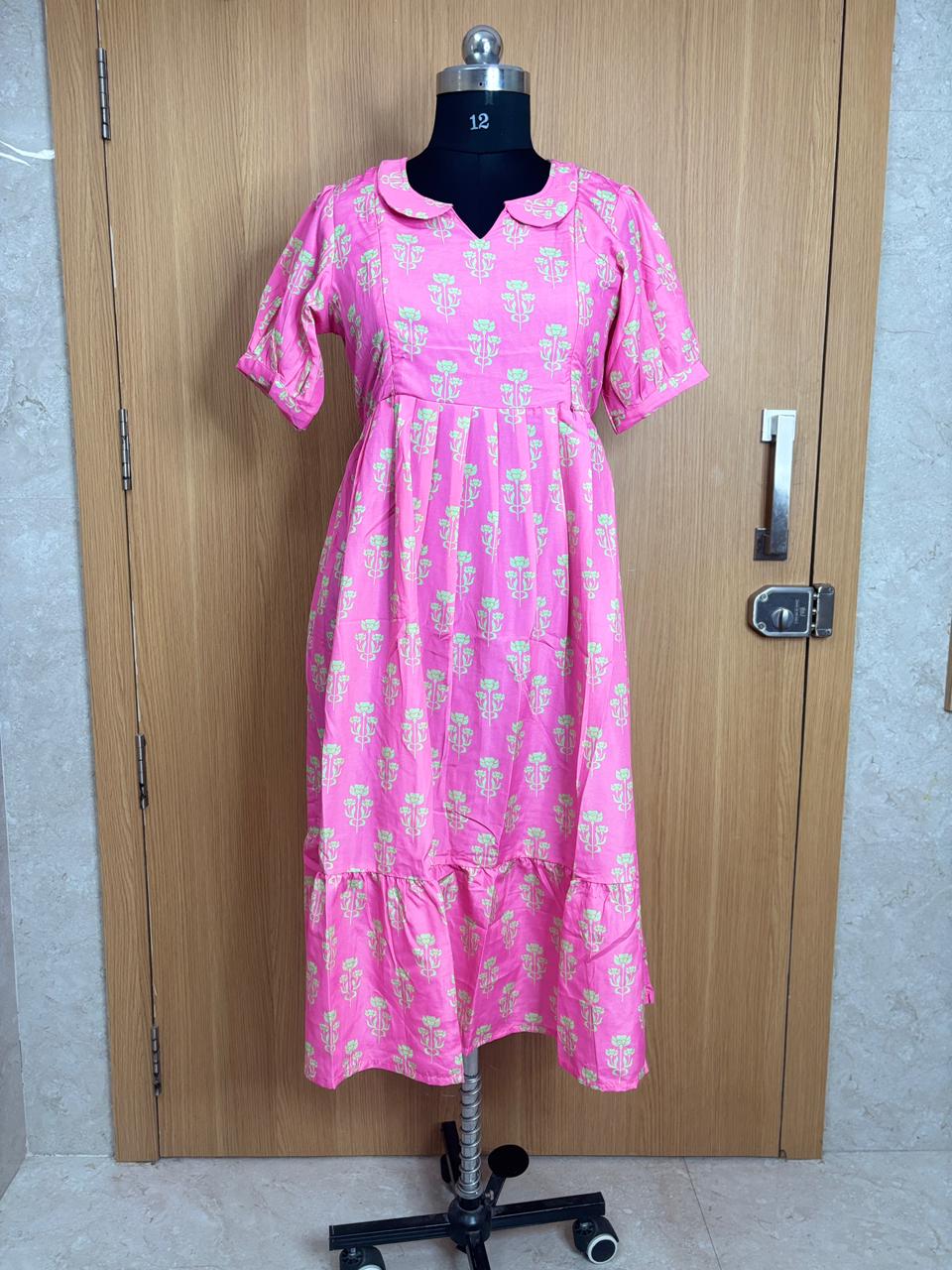 Pink And Lime Green Floral Printed Blended Cotton Feeding Maxi
