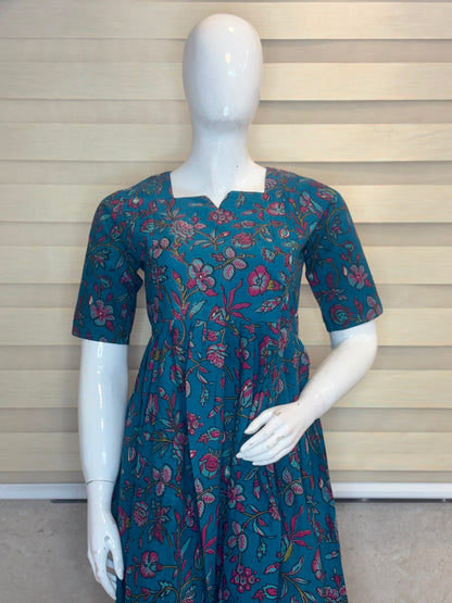 Teal Pink Floral Vine Kalamkari Printed Feeding Maxi