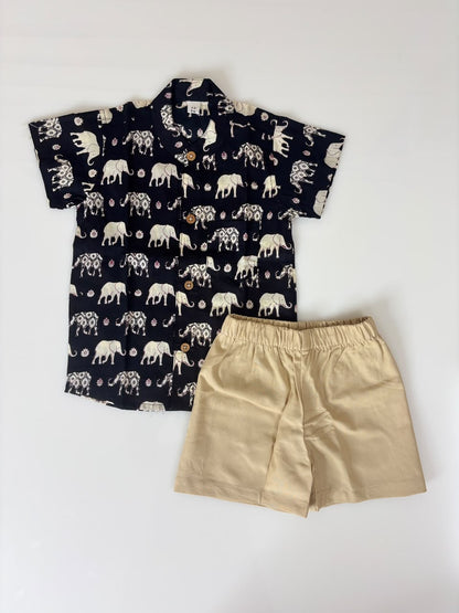 Black traditional elephant printed boys outdoor wear set