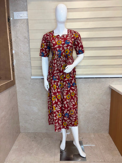 Brick Red Floral Vine Kalamkari Feeding Maxi