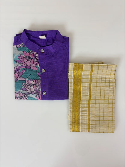 Purple Lotus Printed Boys Shirt and Dhoti Set