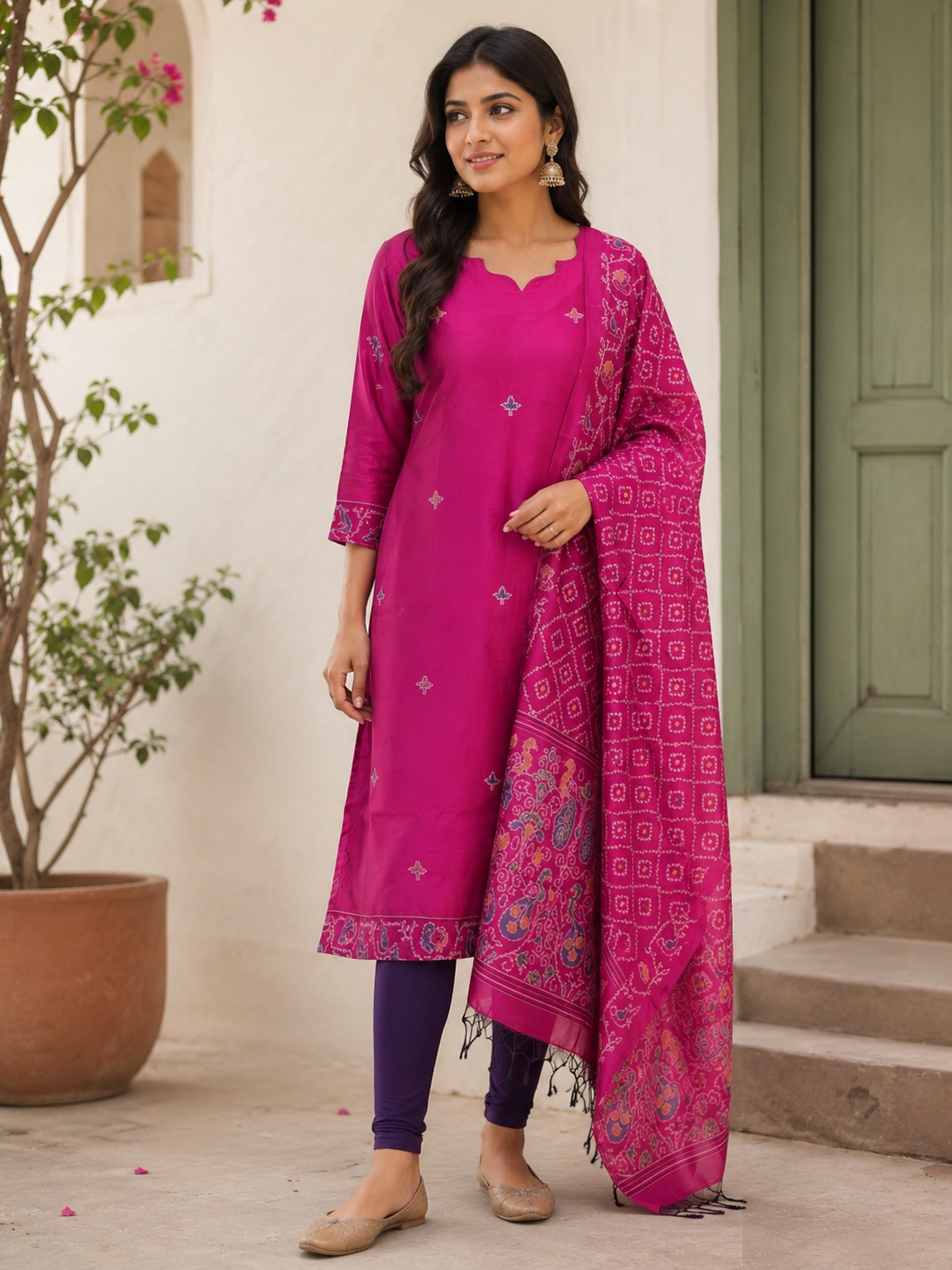 Elegant Rose Jamdhani Silk Kurti With Duppata 2 Piece Set