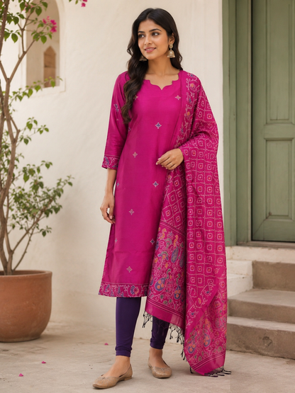 Elegant Rose Jamdhani Silk Kurti With Duppata 2 Piece Set