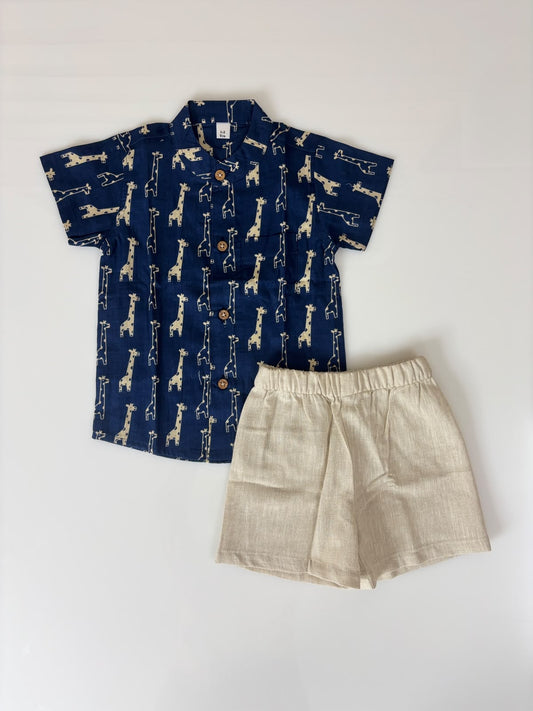 Navy Blue Giraffe Printed Boys Outdoor wear Set