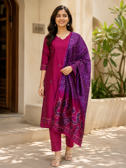 Elegant Rose Jamdhani Silk Kurta Set With Duppata