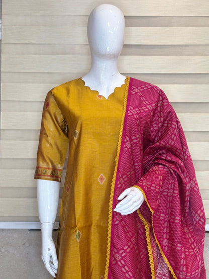 Elegant Yellow Jamdhani Silk Kurta Set With Duppata