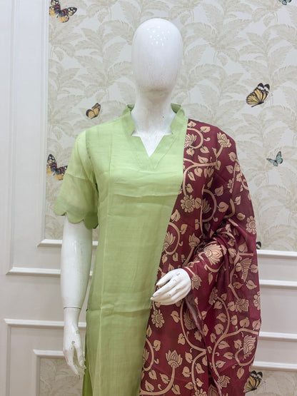 Lime Green Solid Chanderi Suit With Maroon Printed Dupatta