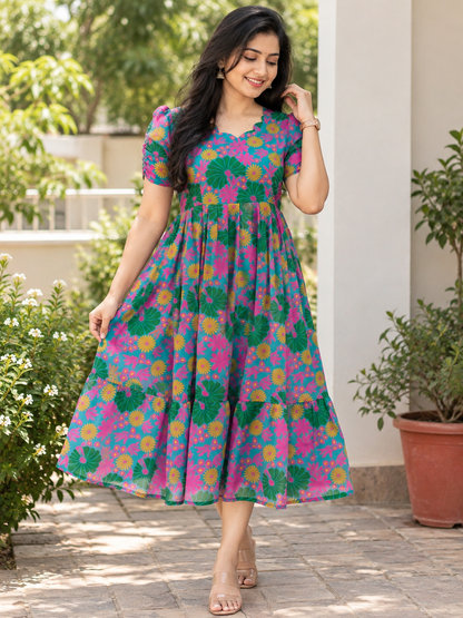 Tropical Floral Bloom Printed Georgette Non Feeding Maxi