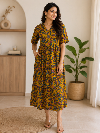 Mustard Yellow Floral Bloom Kalamkari Feeding Maxi