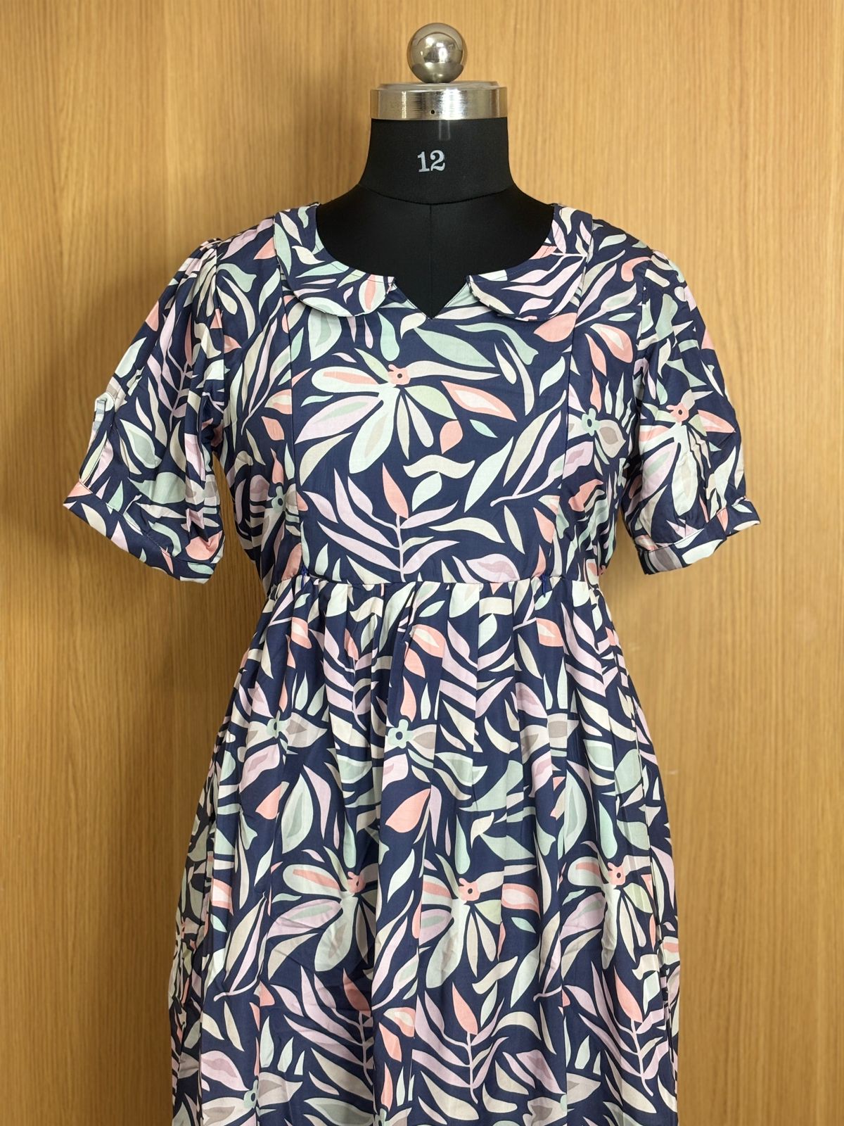 Navy Leafy Printed Blended Cotton Feeding Maxi