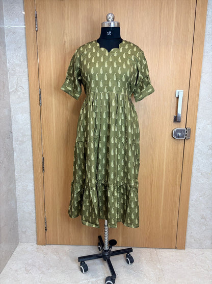 Olive Green Paisley Printed Blended Cotton Non Feeding Maxi