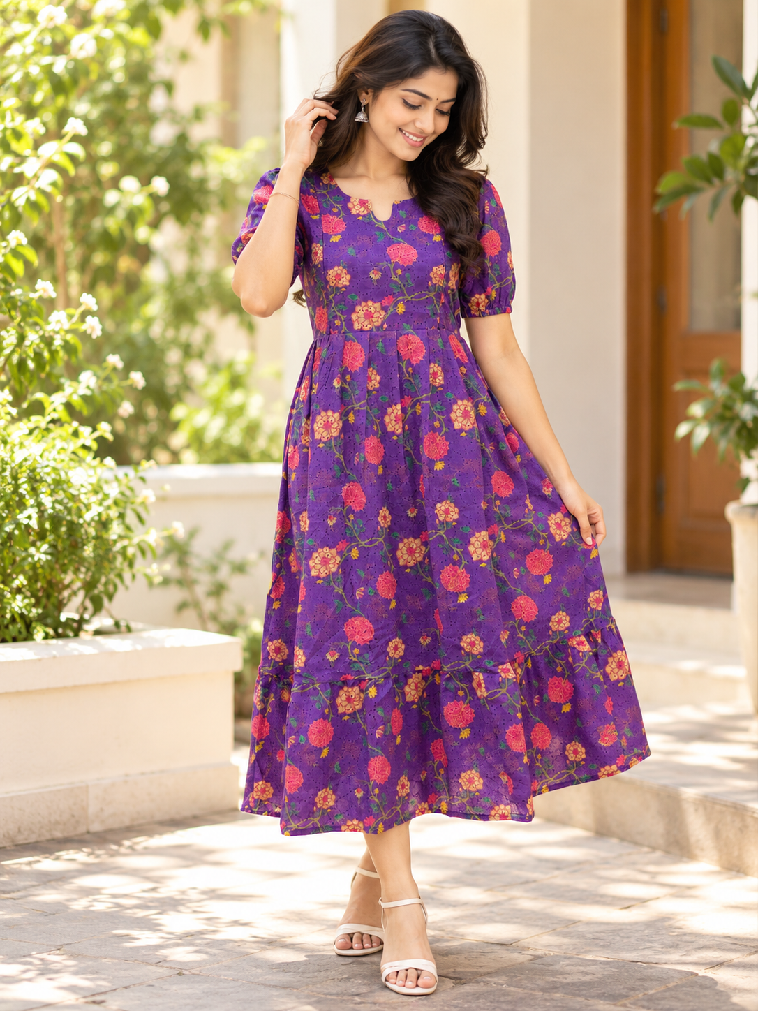 Purple Floral Printed Hakoba Feeding Maxi