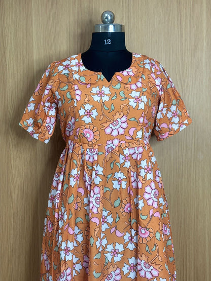 Orange Floral Blended Cotton Feeding Maxi