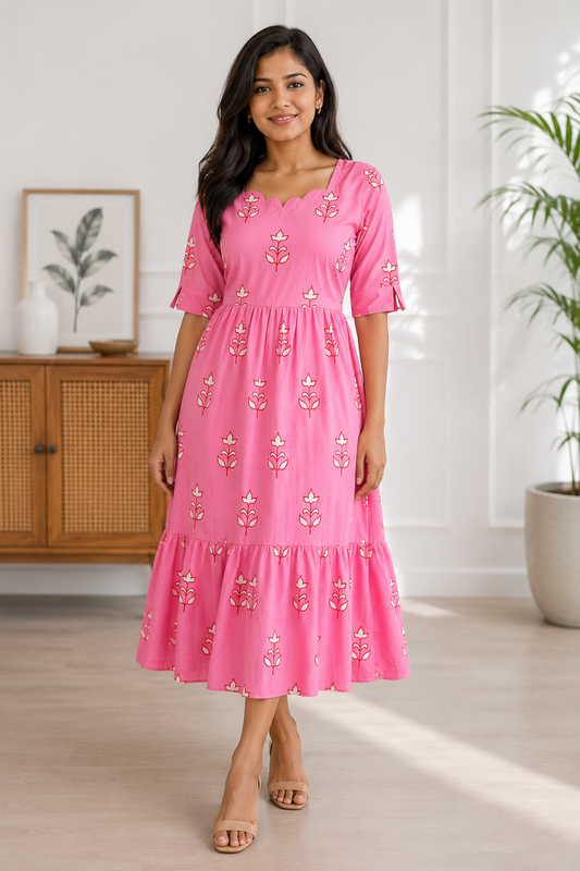 Pink Floral Printed Blended Cotton Non Feeding Maxi