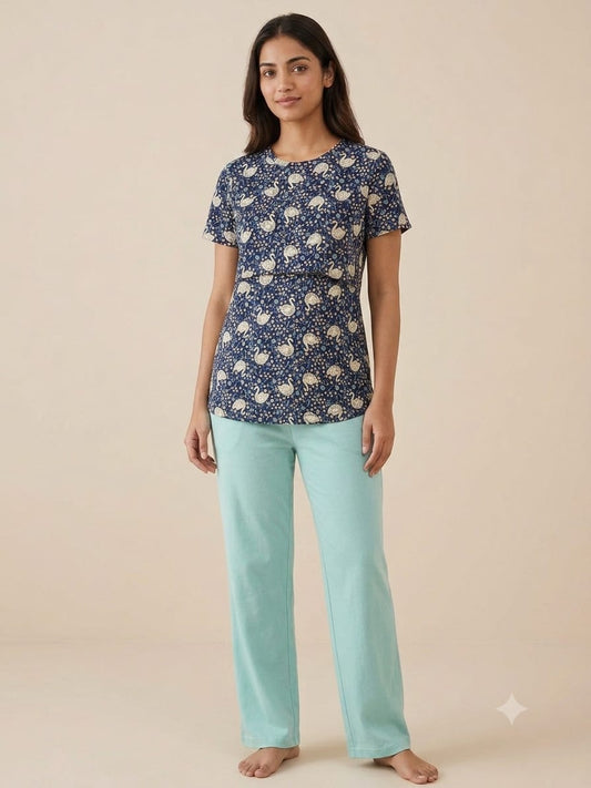 Navy Blue Paisley Floral Print T-Shirt with Aqua Blue Palazzo