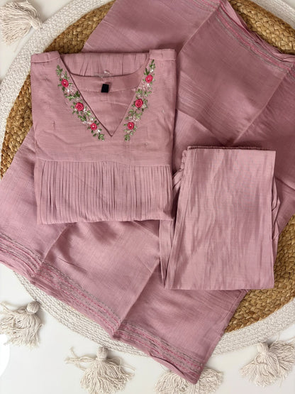Mul chanderi A line With Work Dusty Pink Floral Embroidered Anarkali 3 Piece suit