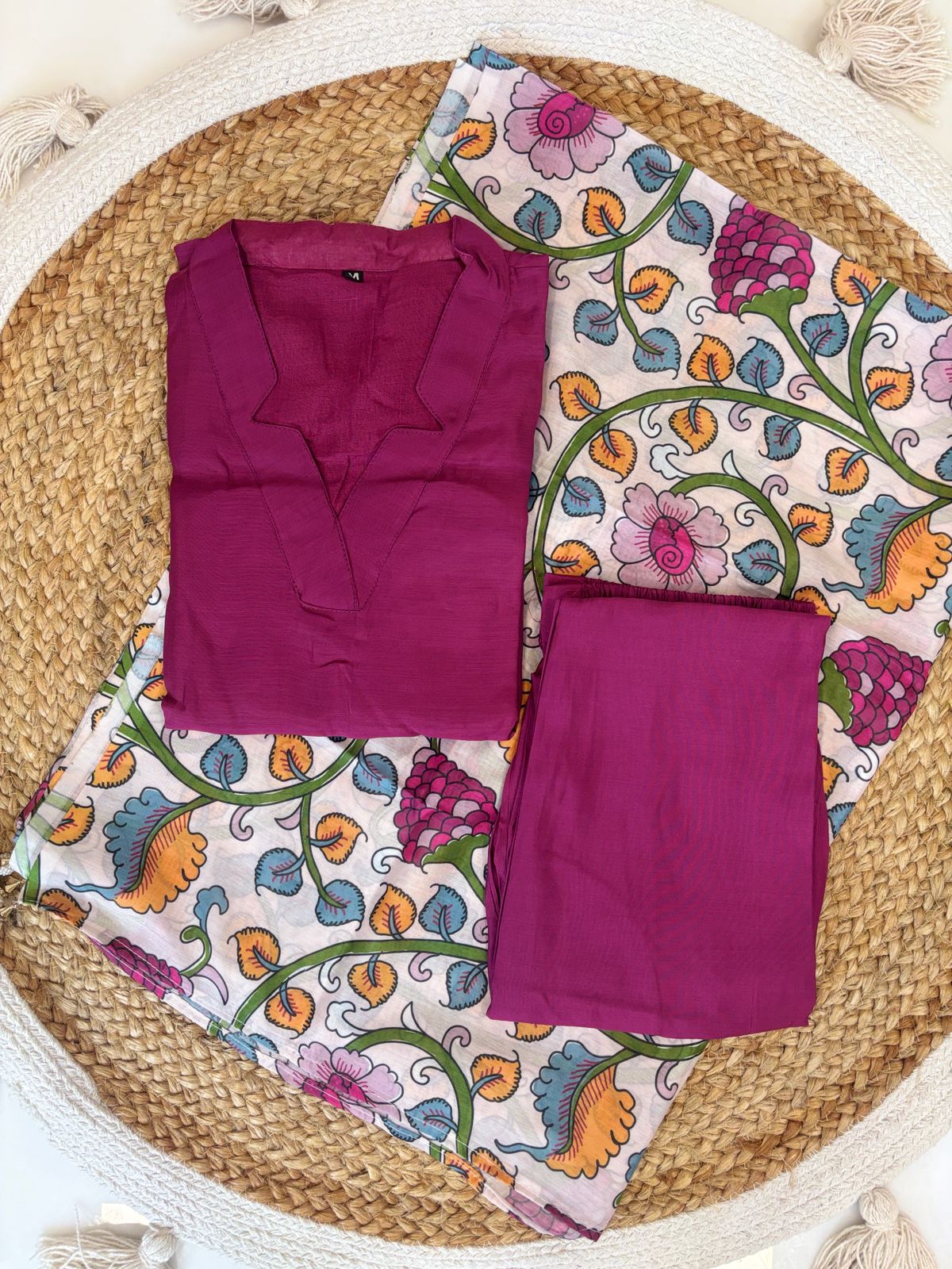 Wine Solid Chanderi Suit With Multicolored Printed Dupatta