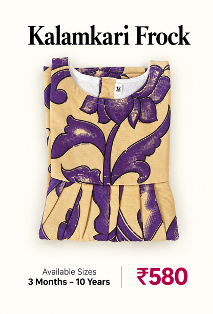 Beige Purple Floral Kids Kalamkari Outdoor Wear