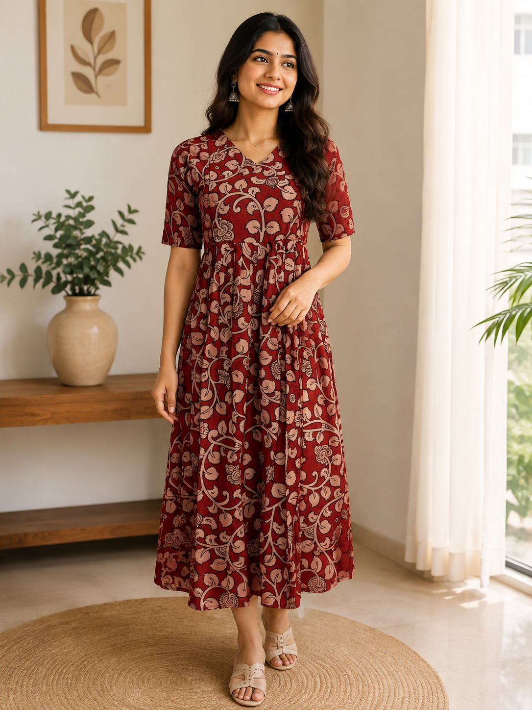 Terracotta Paisley Kalamkari Printed Feeding Maxi