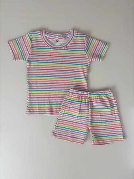 Multicolor Stripes Printed Kids Rib T-shirt and Shorts Set