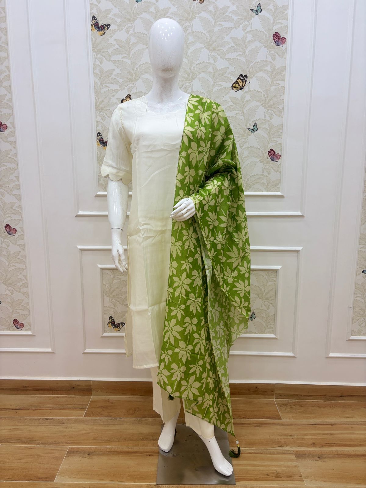 White Solid Chanderi Suit With Green Printed Dupatta