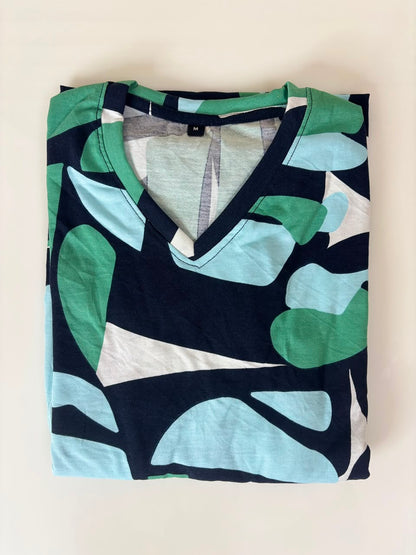 Abstract Geometric Printed Knitted Cotton V-neck Lounge Frock