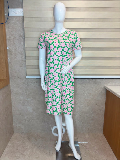 Retro Bloom Pink Floral In Grass Green Print Lounge Tunic