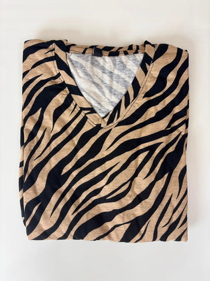Brown Zebra Printed Knitted Cotton V-neck Lounge Frock