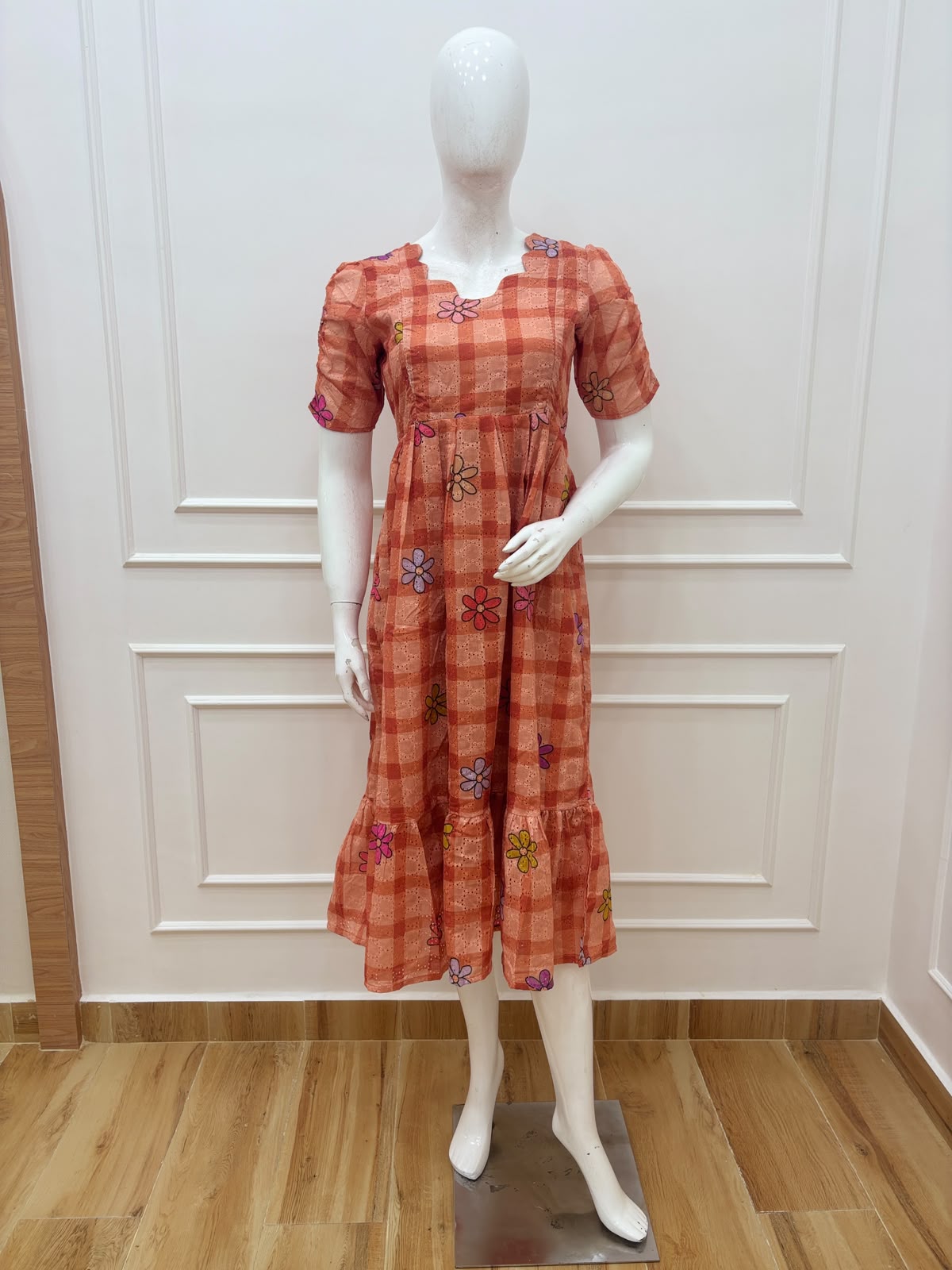 Rust Checks with Floral Print Hakoba Feeding Maxi