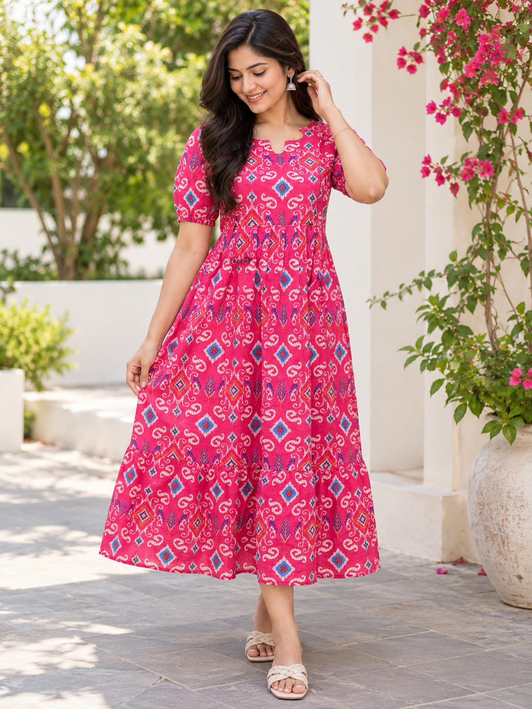 Pink Ikat Print Hakoba Feeding Maxi