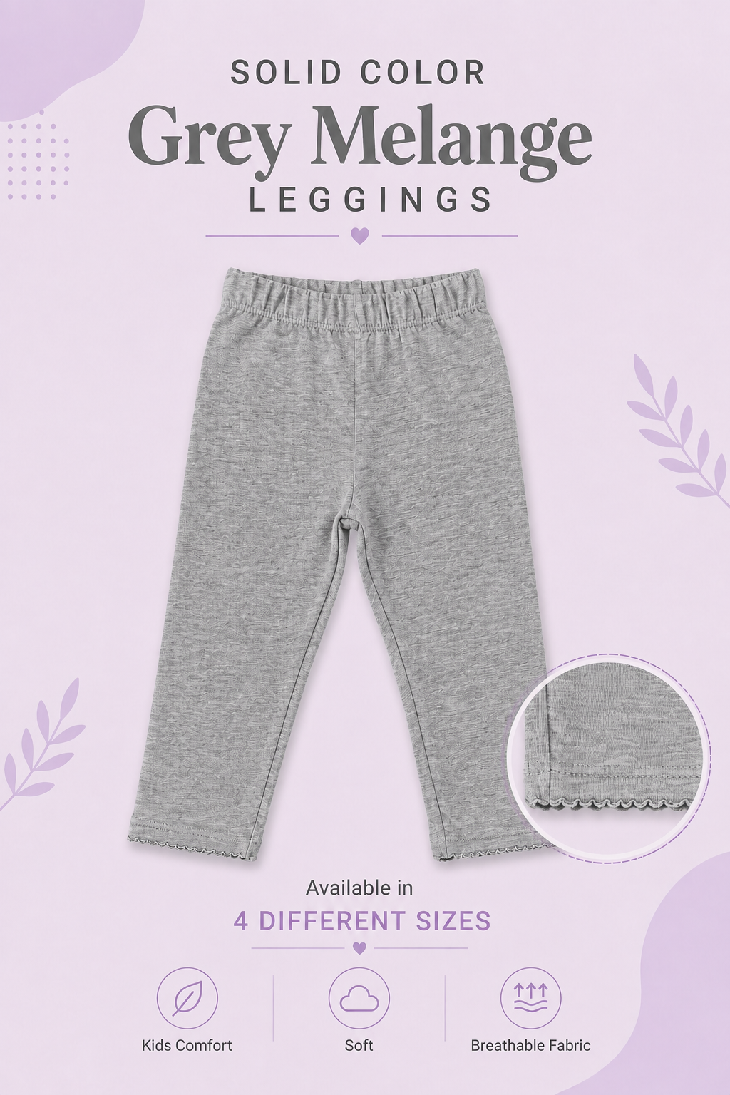 Solid Grey Melange Color Leggings With Picoding