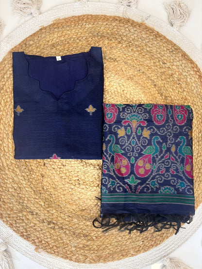 Premium Navy Jamdhani Silk Kurti With Duppata 2 piece set