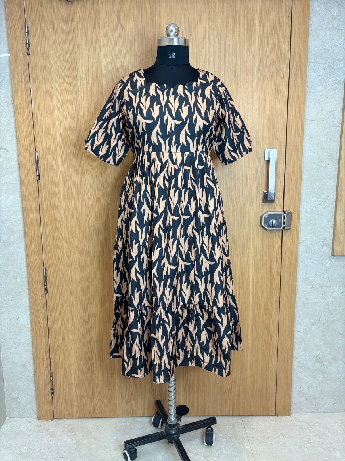 Black Beige Floral Printed Blended Cotton Non feeding Maxi